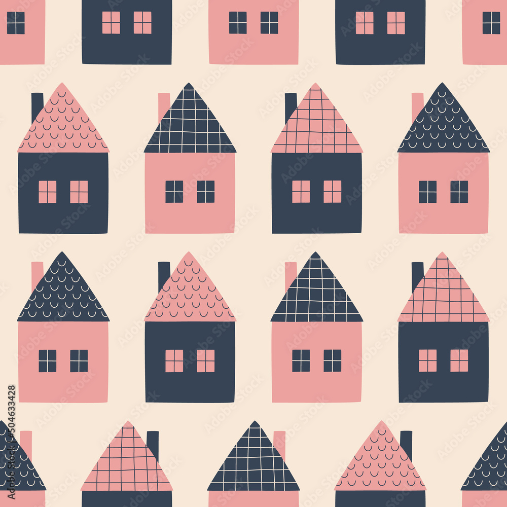 Funny colorful houses with chimneys hand drawn vector illustration. Adorable fairy town seamless pattern for children fabric.