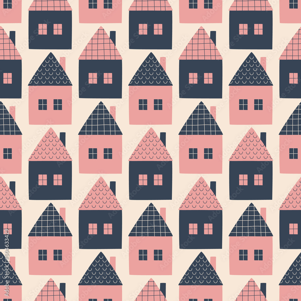 Colorful fairy houses with chimneys hand drawn vector illustration. Cute fantasy town seamless pattern for kids fabric or wallpaper.