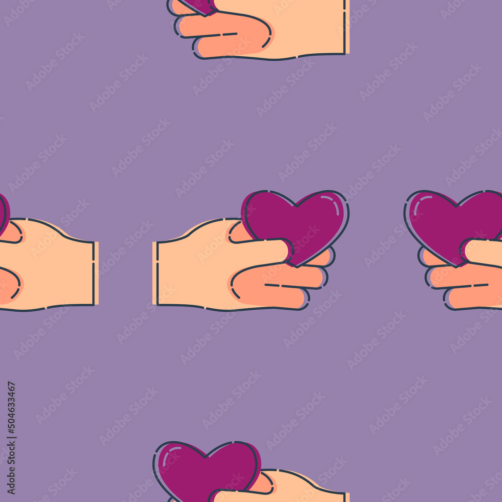 Line art seamless pattern with human hand hold of a heart on color background. Romance graphic texture. Holiday celebration decorative print. Personal relationship. Black contour line Line art seamless pattern with human hand hold of a heart on color background. Romance graphic texture. Holiday celebration decorative print. Personal relationship. Black contour line