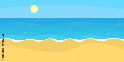 Sunny landscape with sea shore. Vector image in flat style, background.