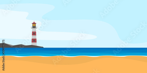 Landscape with a seashore and a lighthouse. Vector image in a flat style.