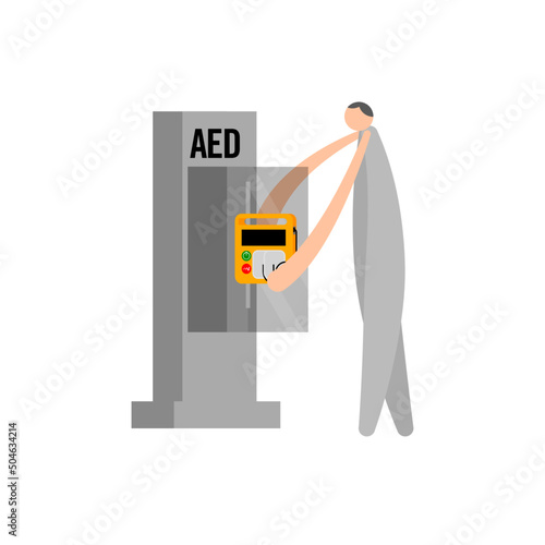 Cartoon character for basic life support, a man is taking  a AED  form first aid box.