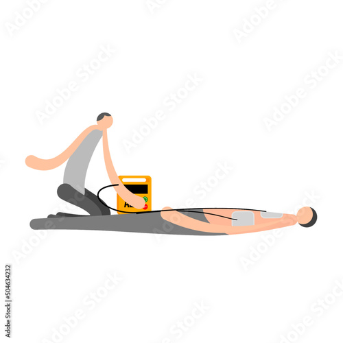 Cartoon character for basic life supports, a man are using a AED for resuscitation.