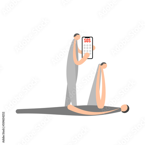 Cartoon character for basic life support, call for medical help in emergency medicine situation by two persons. 