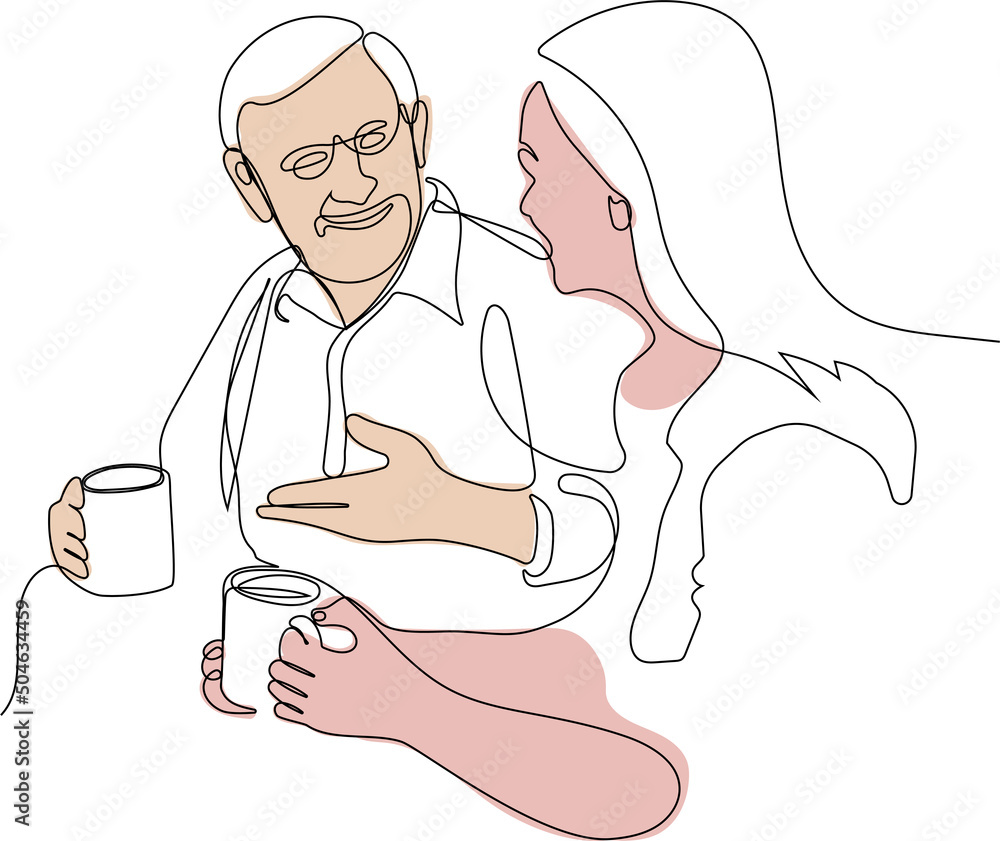 Continuous one line drawing of a relaxed senior gentleman old man and beautiful young girl are drinking tea. Minimal outline concept for yuor design. Vector illustration Continuous one line drawing of a relaxed senior gentleman old man and beautiful young girl are drinking tea. Minimal outline concept for yuor design. Vector illustration