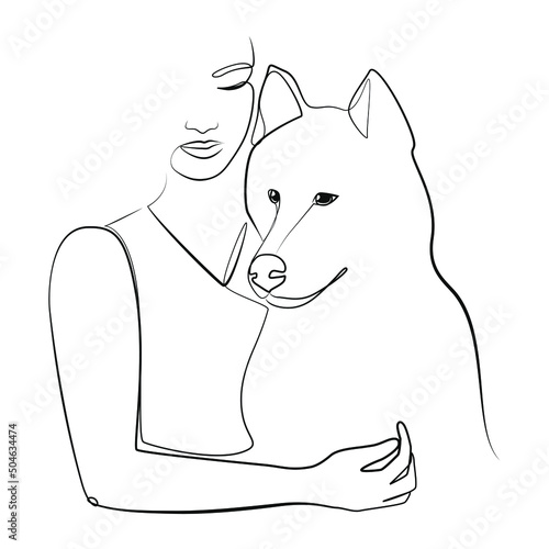 Woman with dog one line drawing on white isolated background