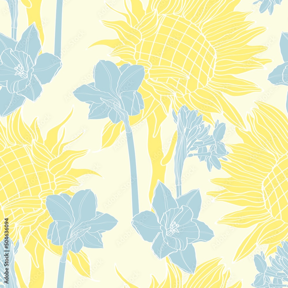 Sunflowers field seamless pattern for fabric textile design. Flat colors, easy to print. Line art yellow blue wildflowers.