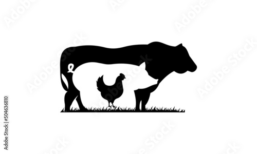 cow pig chicken farm logo vector icon illustration. classic design style