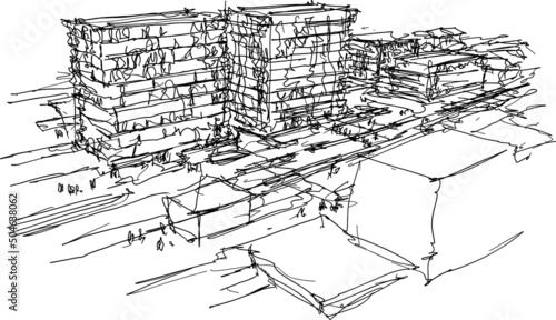 hand drawn architectural sketch of a modern city with high buildings and people in the streets