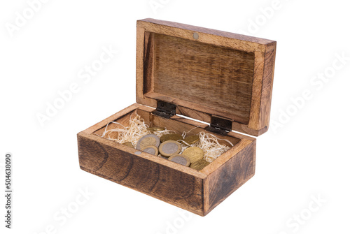 euro coins in wooden box isolated