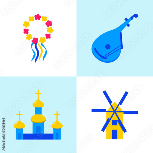 Ukrainian national symbols icon set in flat style