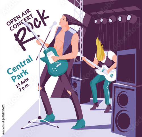 Guitarist and bassist in the rock genre on stage. Flyer poster design for concert festival flat vector illustration