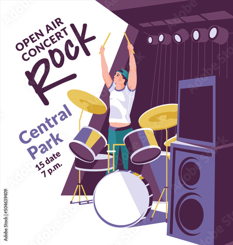 Drummer in the rock genre on stage. Flyer poster design for concert festival flat vector illustration