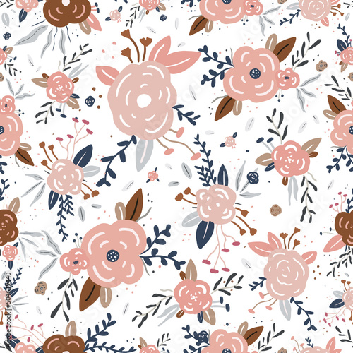cut seamless hand drawn floral pattern with rose, Botanical, Vector illustration for wedding and valentine day design.