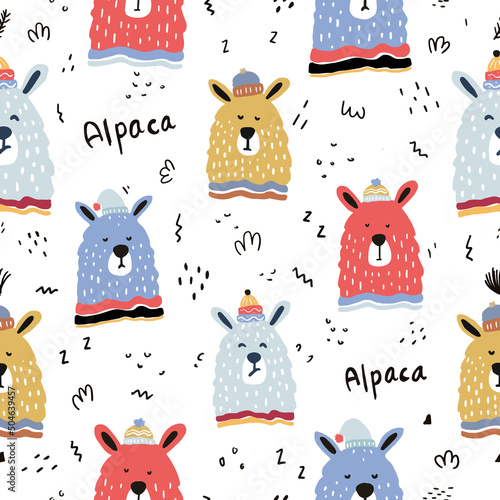 Cute seamless hand drawn vector with alpaca