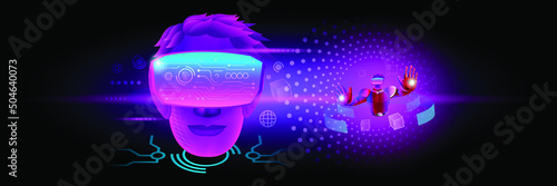 Banner of Metaverse Technology concept. A man's head use VR virtual reality goggle for experiences of metaverse virtual world