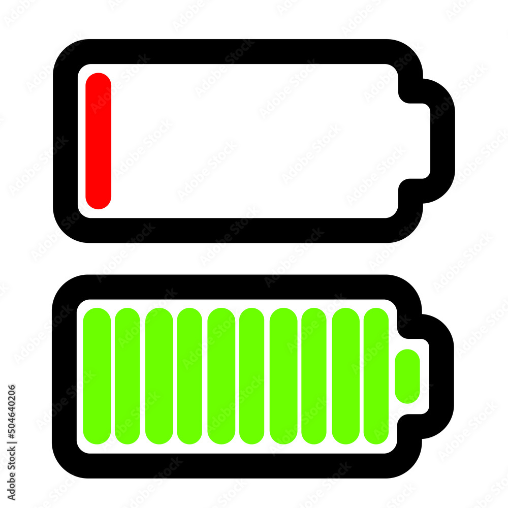 set of fully charged and low charge battery level icon set, red and white battery icon, warning level set of fully charged and low charge battery level icon set, red and white battery icon, warning level