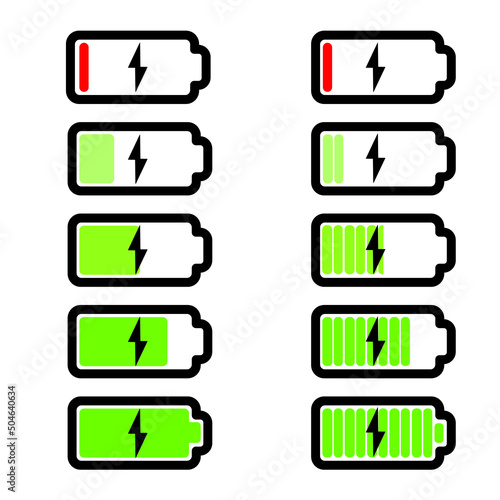 Battery charging point, charge indicator. Vector icon level Battery Energy powerfully full. Power low up status batteries logo. Charge level empty loading bar. battery icon set