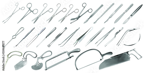 Surgical instruments set. Tweezers, scalpels, plaster and bone saws,  amputation and plaster knives, Microsurgical forceps and clamps, hook, needle. Large collection of hand metal tools. Vector