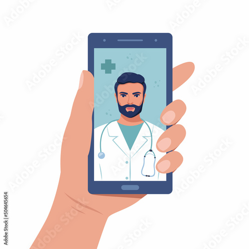 Smartphone screen with male therapist. Chat in messenger with doctor. Online consultation. Online medical advise or consultation service, telemedicine, cardiology. Vector illustration.