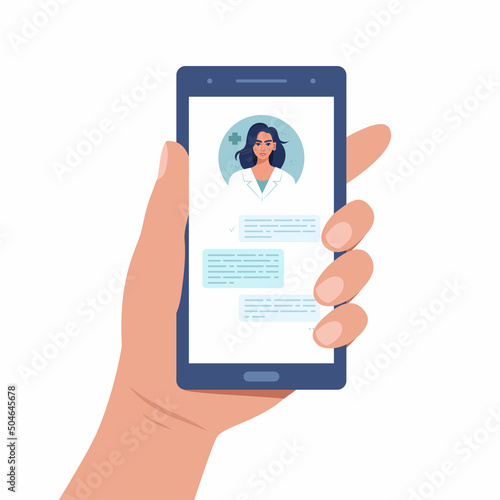 Smartphone screen with female therapist. Video Chat online consultation. Online medical advise or consultation service, telemedicine, cardiology. Vector illustration.
