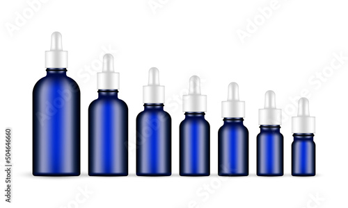 Blue Glass Dropper Bottles Set With Various Sizes, Isolated on White Background. Vector Illustration