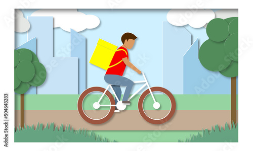 Food Delivery courier order box on bicycle on background of high-rise buildings of the city. Paper cut vector illustration