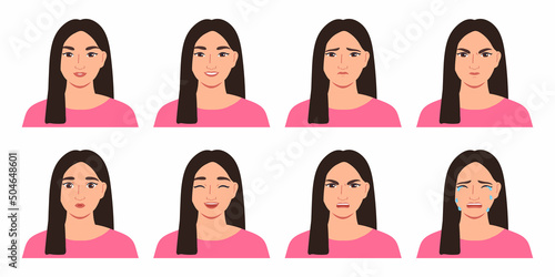 Young Asian woman avatar set.Different emotions. Cartoon vector illustration.