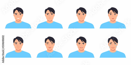 Young Asian man avatar set.Different emotions. Cartoon vector illustration.