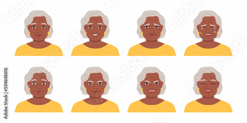 Elderly woman avatar set.Different emotions. Dark-skinned character.Cartoon vector illustration.