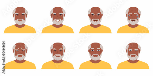 Elderly man avatar set.Different emotions. Dark-skinned character.Cartoon vector illustration.