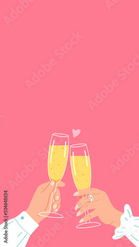 Human hands of couple clinking glasses with sparkling wine. Stories Template.Flat vector illustration.