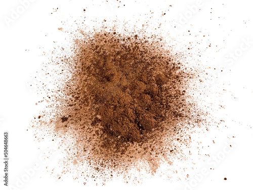 Dry cocoa powder explosion on white background