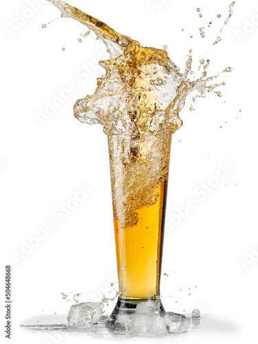 Valokuva Full lager beer glass splash on white background