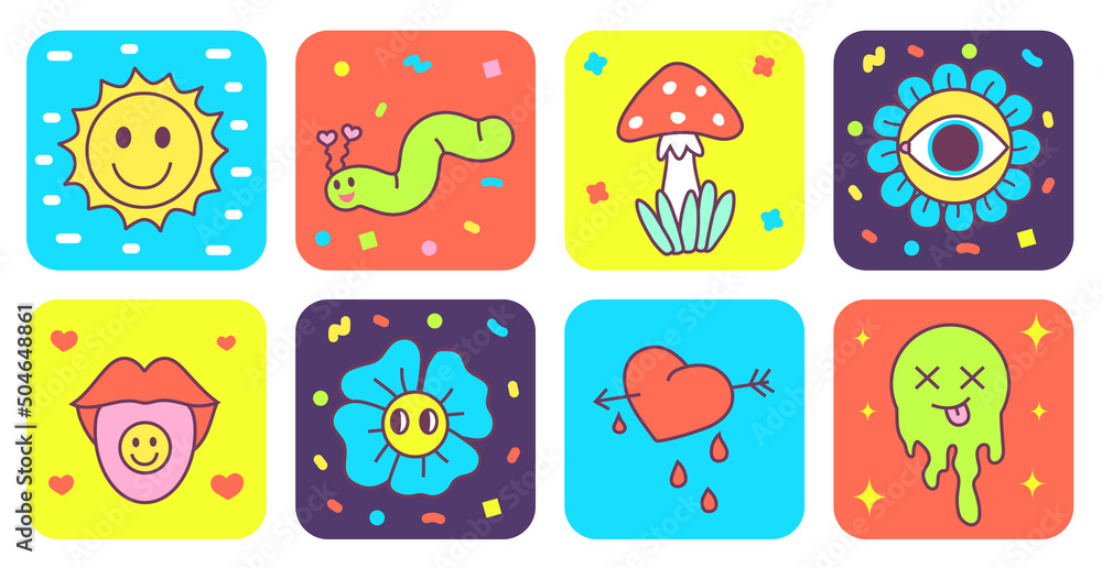 Psychedelic bright characters. Square posters with characters. Stickers in the style of the 90s.