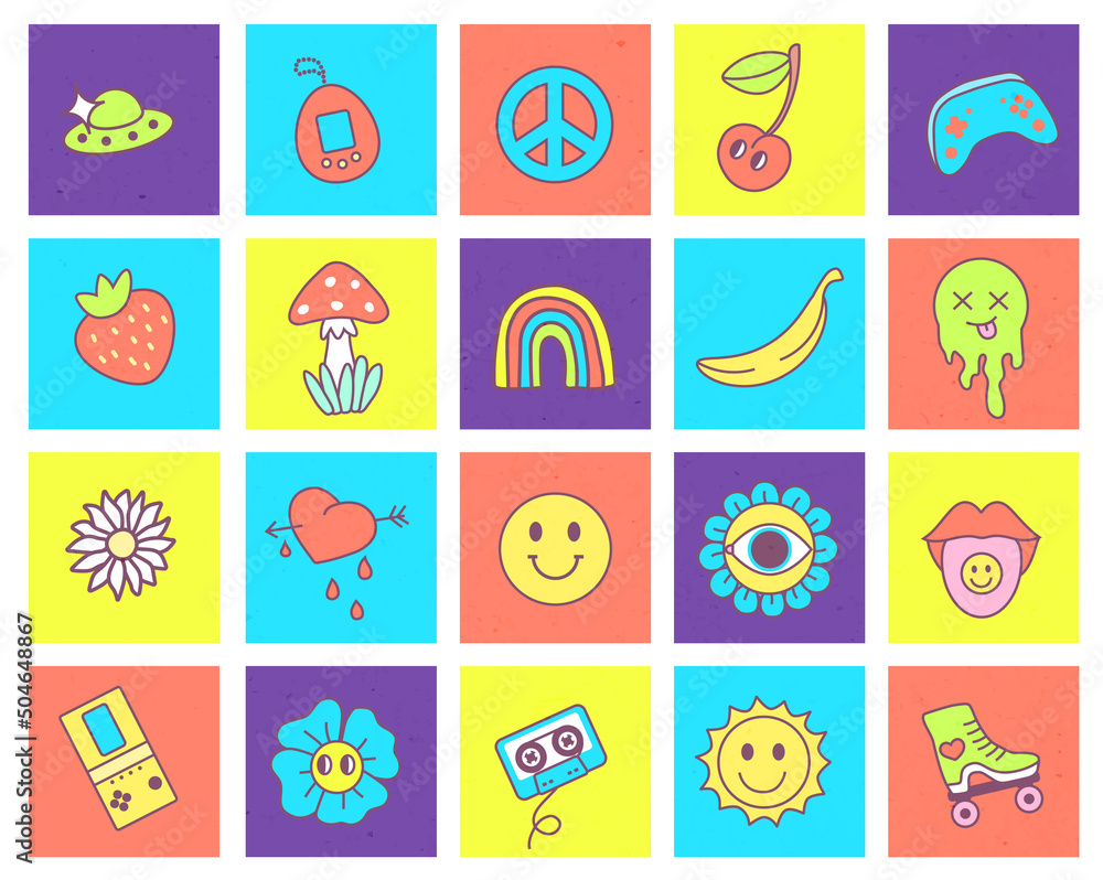 Cartoon abstract funny retro stickers. Emoticons and items from the 90s. Multicolored stamps with psychedelic characters.