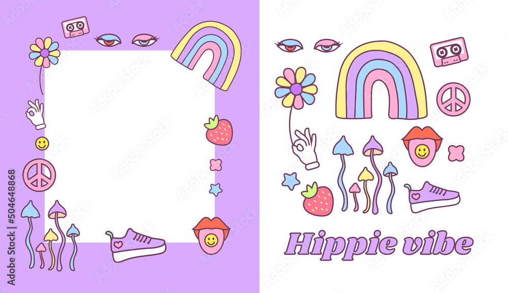 Hippie vibe stickers. Colored psychedelic elements and lettering.