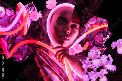 Portrait collage of afro woman with pink neon light and flowers around face