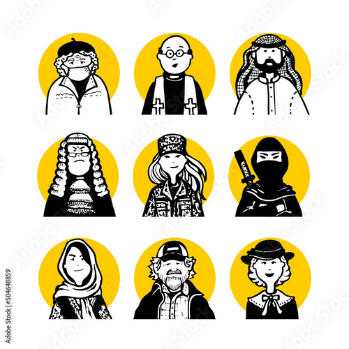 Collection 08 of comic peoples faces and characters in doodle style for monochrome avatars and black-white pictograms and set social media icons and portraits for articles or blog