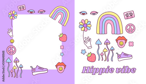 Hippie vibe stickers. Colored psychedelic elements and lettering.