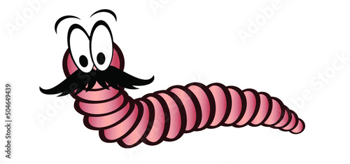 Cartoon happy worm with moustache or beard. crawling worm. Vector crawl or creep earthworm. Worms, insect with cute face and big eyes, earth worm mascot. creeping insects. Wildlife. Fish food.
