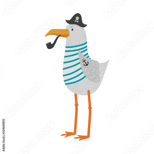 Cartoon seagull pirate captain in a hat, with a smoking pipe and a tattoo in the form of an anchor on the wing.