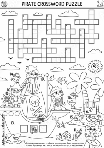 Black and white vector pirate crossword puzzle for kids. Simple line treasure island quiz with marine landscape for children. Educational activity or coloring page with ship, crossbones, animals.