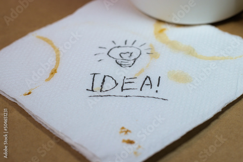 Hand written Big Idea on a coffee stained paper napkin  