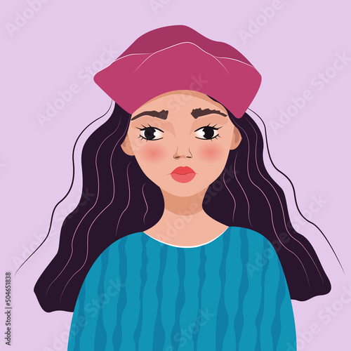 girl with long dark hair in a pink beret