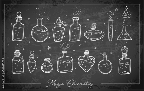Doodles with pharmaceutical flasks, beakers and test tubes on blackboard background. Sketches of chemical laboratory objects with magic potion. Vector illustration.