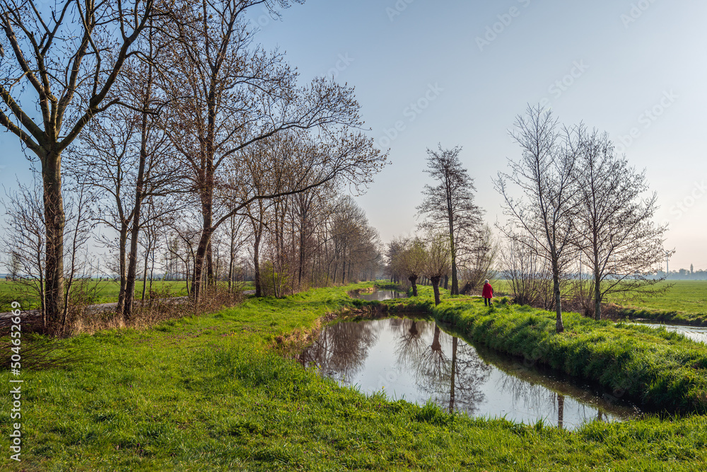 Small natural pond in a landscape with still bare trees. The trees are reflected in the mirror-smooth water surface. In the background, an unknown woman is walking in a bright red coat. Small natural pond in a landscape with still bare trees. The trees are reflected in the mirror-smooth water surface. In the background, an unknown woman is walking in a bright red coat.