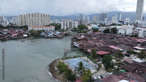 Georgetown  Penang Malaysia - May 13  2022  The Clan Jetties of Georgetown Penang  Malaysia. Wooden villages built on stilts at the sea coast by the different clans of the Penang Chinese community.