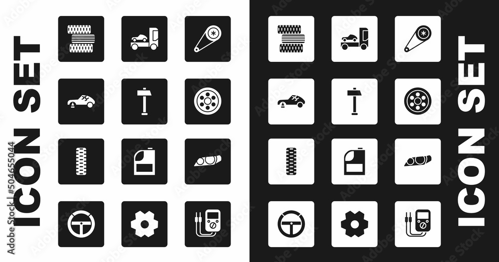 Set Timing belt kit, Hammer, Broken car, Car tire wheel, Alloy, transporter truck, headlight and icon. Vector Set Timing belt kit, Hammer, Broken car, Car tire wheel, Alloy, transporter truck, headlight and icon. Vector