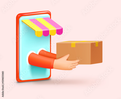 3d render Online Shop with delivery. Courier delivers a parcel from a phone in the form of hands holding a box. Home delivery of food or groceries. Isolated 3d vector illustration